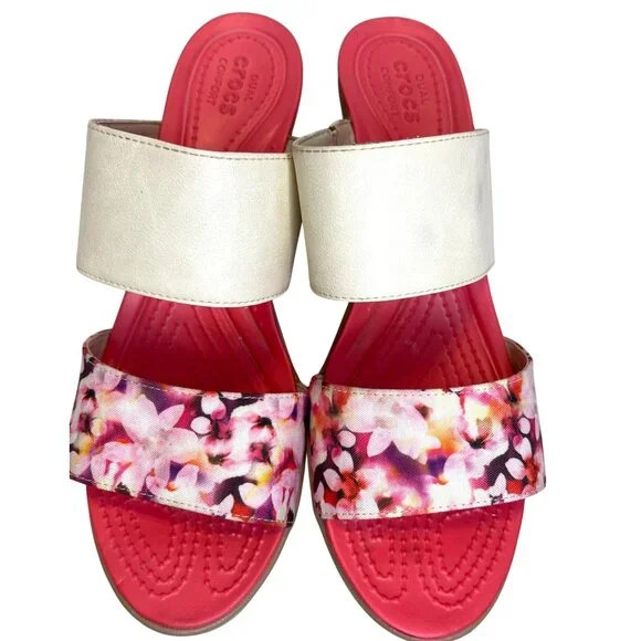 Crocs Wedge Sandals Slip On Shoes Double Strap Pink White Flower Floral Size 10 - Picture 7 of 7